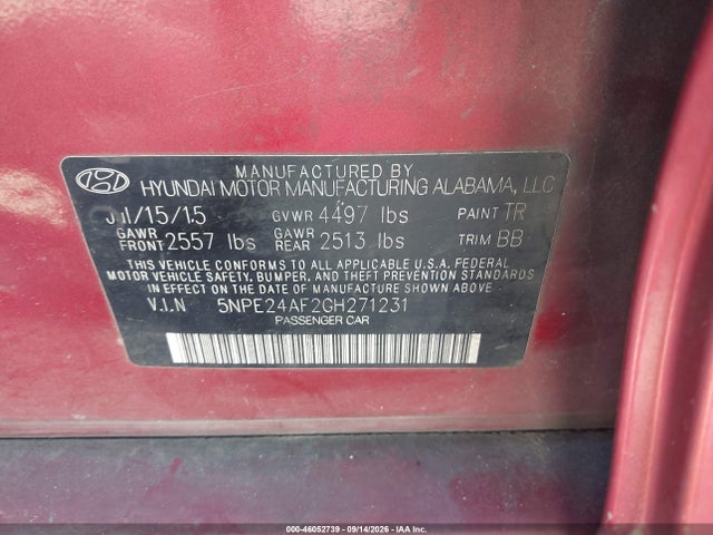 Продажа на аукционе авто 2016 Hyundai Sonata Se, vin: 5NPE24AF2GH271231, номер лота: 46052739