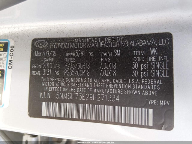 Aukcja sprzedaży 2009 Hyundai Santa Fe Limited, vin: 5NMSH73E29H271334, numer aukcji: 46052741