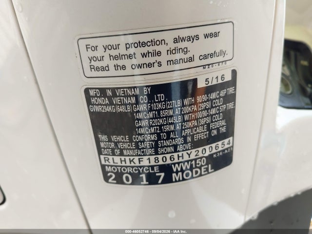 46052746 :رقم المزاد ، RLHKF1806HY200654 vin ، 2017 Honda Pcx 150 مزاد بيع