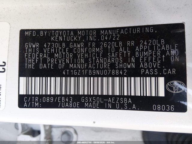 2022 Toyota Avalon Touring მანქანა იყიდება აუქციონზე, vin: 4T1GZ1FB9NU078842, აუქციონის ნომერი: 46052755