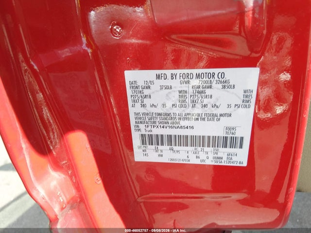 46052757 :رقم المزاد ، 1FTPX14V16NA85416 vin ، 2006 Ford F-150 Fx4/lariat/xl/xlt مزاد بيع