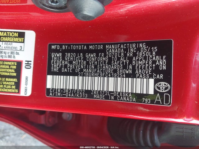 Продаж на аукціоні авто 2015 Toyota Corolla S Plus, vin: 2T1BURHE9FC419254, номер лоту: 46052758