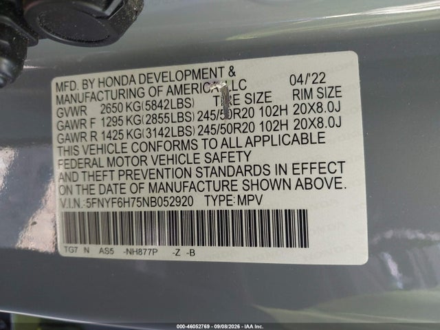 2022 Honda Pilot Awd Black Edition მანქანა იყიდება აუქციონზე, vin: 5FNYF6H75NB052920, აუქციონის ნომერი: 46052769