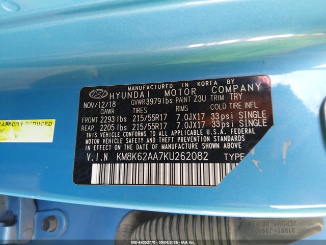 46052770 :رقم المزاد ، KM8K62AA7KU262082 vin ، 2019 Hyundai Kona Sel مزاد بيع