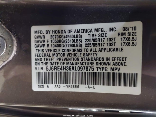 Aukcja sprzedaży 2010 Honda Cr-v Lx, vin: 5J6RE4H36AL097875, numer aukcji: 46052780