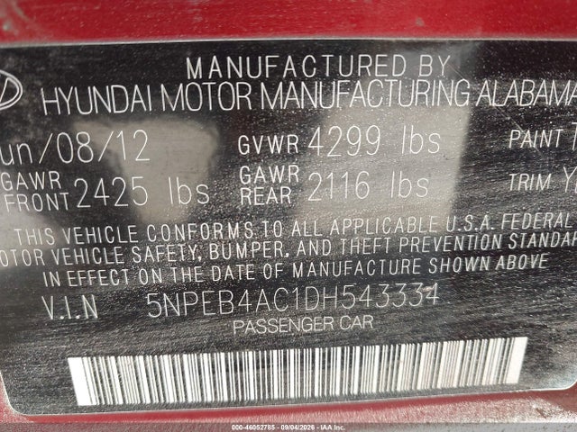 46052785 :رقم المزاد ، 5NPEB4AC1DH543334 vin ، 2013 Hyundai Sonata Gls مزاد بيع