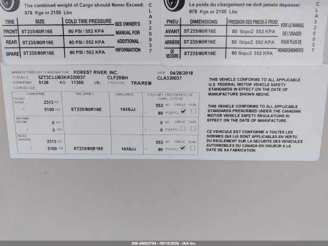 Aukcja sprzedaży 2019 Forest River Chaparral Lite 29bh, vin: 5ZT3CLUB3KA320037, numer aukcji: 46052794