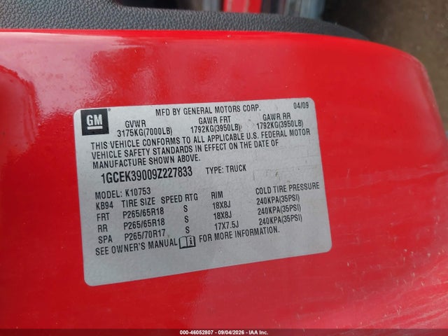 46052807 :رقم المزاد ، 1GCEK39009Z227833 vin ، 2009 Chevrolet Silverado 1500 Ltz مزاد بيع