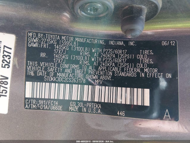 Продажа на аукционе авто 2012 Toyota Sienna Le V6 8 Passenger, vin: 5TDKK3DC2CS263178, номер лота: 46052815
