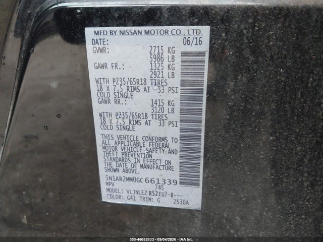 Продаж на аукціоні авто 2016 Nissan Pathfinder Platinum/s/sl/sv, vin: 5N1AR2MM0GC661339, номер лоту: 46052833