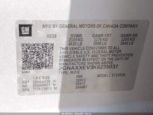 Aukcja sprzedaży 2019 Chevrolet Equinox Premier, vin: 2GNAXXEV3K6235037, numer aukcji: 46052844
