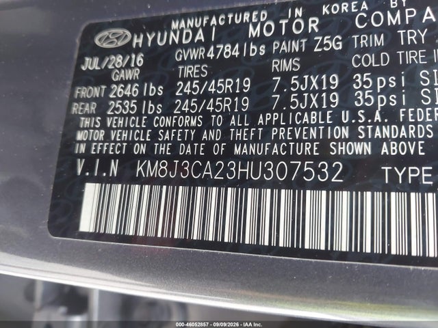 2017 Hyundai Tucson Limited მანქანა იყიდება აუქციონზე, vin: KM8J3CA23HU307532, აუქციონის ნომერი: 46052857