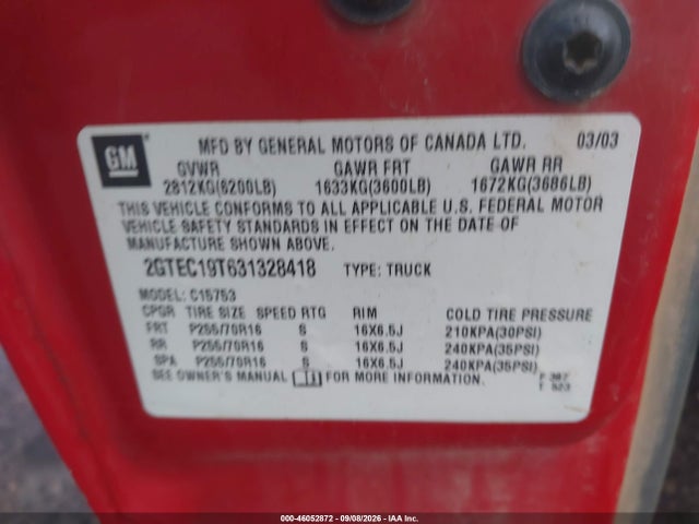 46052872 :رقم المزاد ، 2GTEC19T631328418 vin ، 2003 Gmc Sierra 1500 Sle مزاد بيع