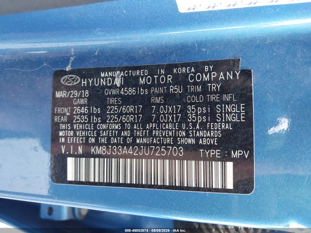 Продажа на аукционе авто 2018 Hyundai Tucson Sel, vin: KM8J33A42JU725703, номер лота: 46052874