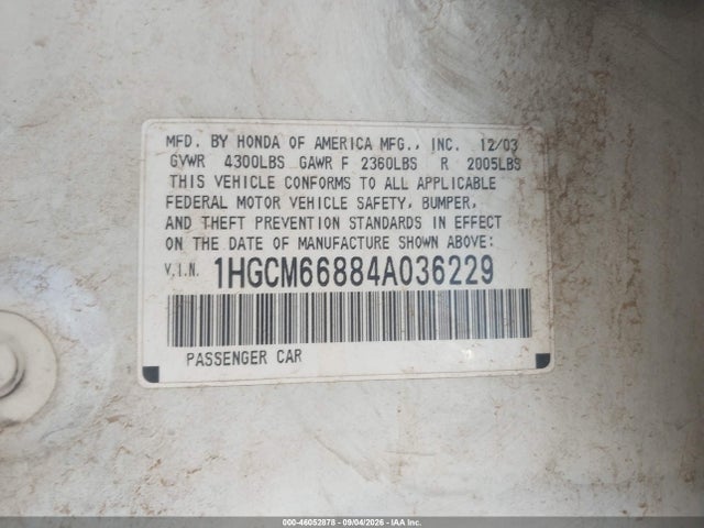 Aukcja sprzedaży 2004 Honda Accord 3.0 Ex, vin: 1HGCM66884A036229, numer aukcji: 46052878