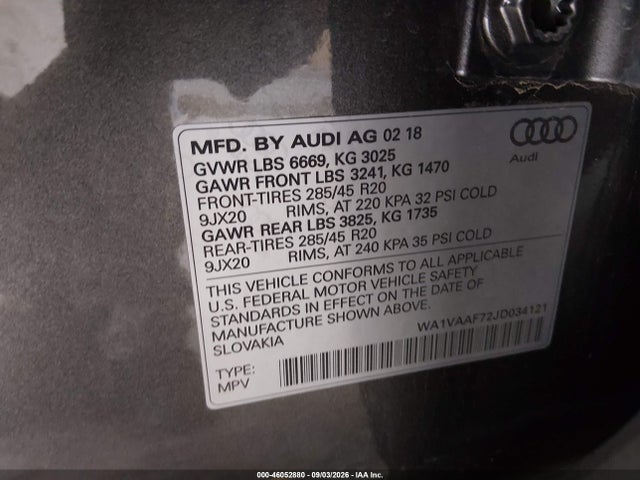 Продаж на аукціоні авто 2018 Audi Q7 3.0t Premium, vin: WA1VAAF72JD034121, номер лоту: 46052880