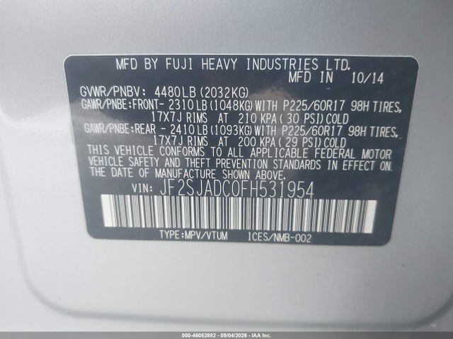 Продажа на аукционе авто 2015 Subaru Forester 2.5i Premium, vin: JF2SJADC0FH531954, номер лота: 46052882