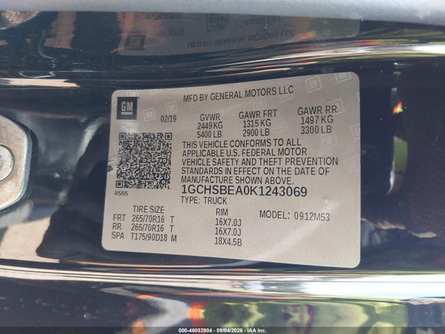 2019 Chevrolet Colorado Wt მანქანა იყიდება აუქციონზე, vin: 1GCHSBEA0K1243069, აუქციონის ნომერი: 46052904