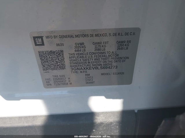 2020 Chevrolet Equinox Fwd Lt 1.5l Turbo მანქანა იყიდება აუქციონზე, vin: 3GNAXKEV0LS694273, აუქციონის ნომერი: 46052907