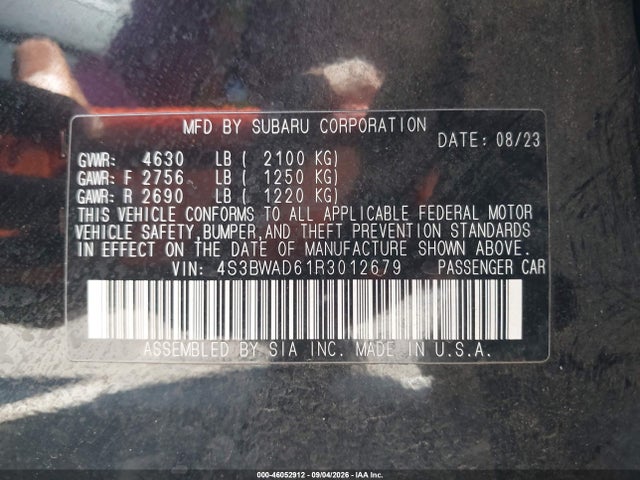 Aukcja sprzedaży 2024 Subaru Legacy Premium, vin: 4S3BWAD61R3012679, numer aukcji: 46052912