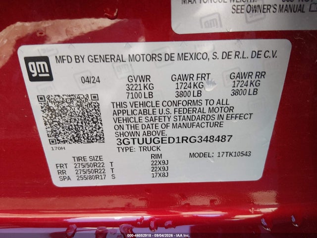 2024 Gmc Sierra 1500 4wd  Short Box Denali მანქანა იყიდება აუქციონზე, vin: 3GTUUGED1RG348487, აუქციონის ნომერი: 46052918