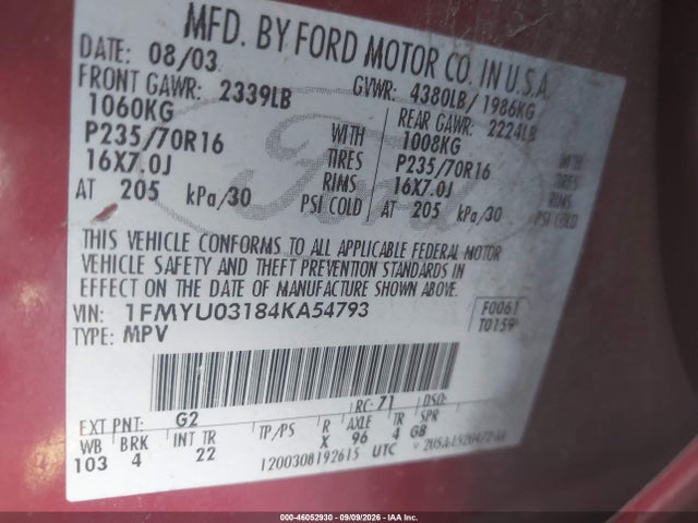 Продажа на аукционе авто 2004 Ford Escape Xlt, vin: 1FMYU03184KA54793, номер лота: 46052930