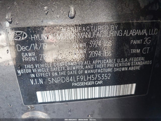 Продаж на аукціоні авто 2020 Hyundai Elantra Sel, vin: 5NPD84LF9LH575352, номер лоту: 46052933