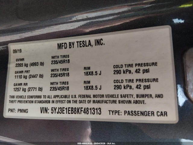 Auction sale of the 2019 Tesla Model 3 Long Range/performance, vin: 5YJ3E1EB8KF481313, lot number: 46052938