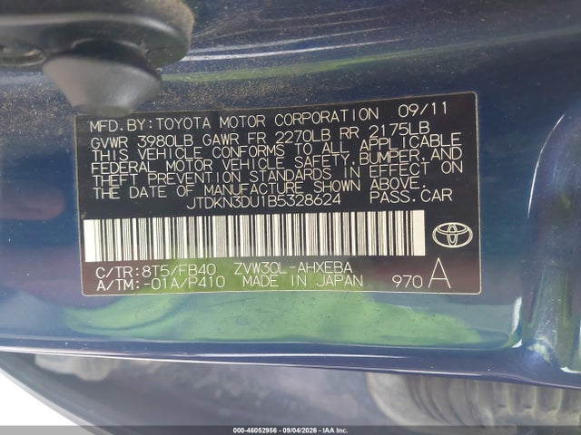 46052956 :رقم المزاد ، JTDKN3DU1B5328624 vin ، 2011 Toyota Prius Two مزاد بيع