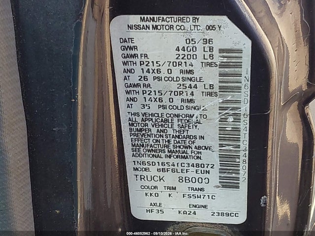 1996 Nissan Truck King Cab Se/king Cab Xe მანქანა იყიდება აუქციონზე, vin: 1N6SD16S4TC348072, აუქციონის ნომერი: 46052962