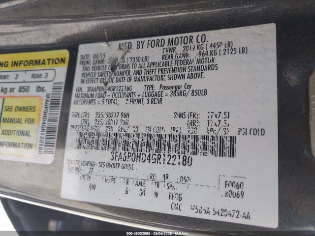 Продажа на аукционе авто 2016 Ford Fusion Se, vin: 3FA6P0HD4GR122180, номер лота: 46052985