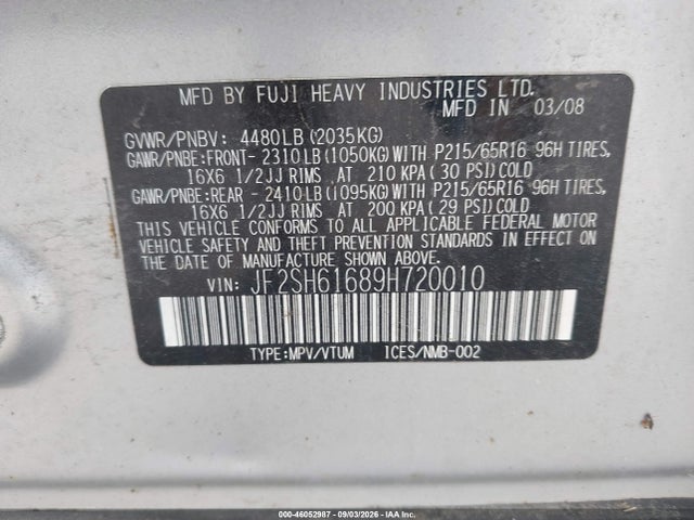 2009 Subaru Forester 2.5x მანქანა იყიდება აუქციონზე, vin: JF2SH61689H720010, აუქციონის ნომერი: 46052987