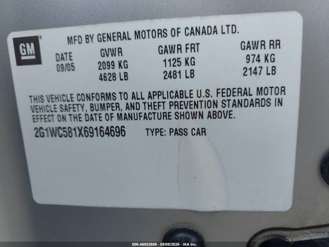 46052989 :رقم المزاد ، 2G1WC581X69164696 vin ، 2006 Chevrolet Impala Lt مزاد بيع