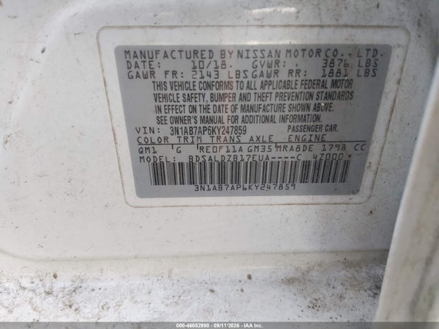 Продажа на аукционе авто 2019 Nissan Sentra Sv, vin: 3N1AB7AP6KY247859, номер лота: 46052990
