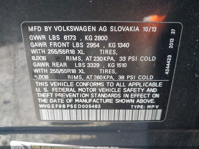 46052994 :رقم المزاد ، WVGEF9BP5ED005483 vin ، 2014 Volkswagen Touareg 3.6l Sport مزاد بيع