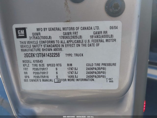 46053000 :رقم المزاد ، 2GCEK13T841432258 vin ، 2004 Chevrolet Silverado 1500 Z71 مزاد بيع