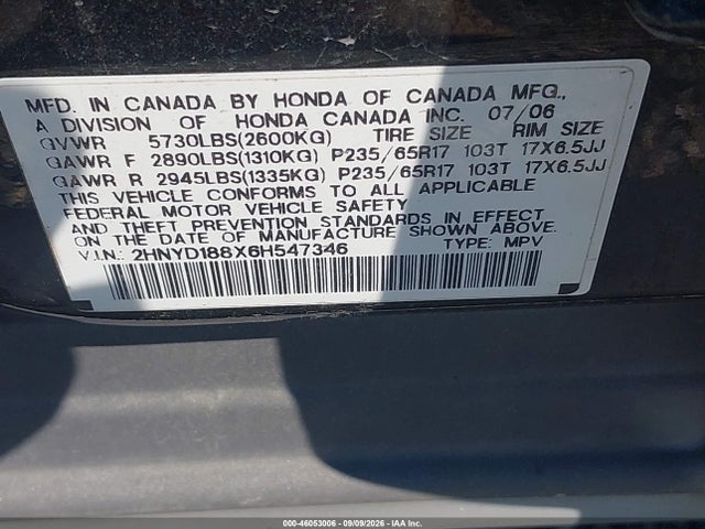 46053006 :رقم المزاد ، 2HNYD188X6H547346 vin ، 2006 Acura Mdx مزاد بيع