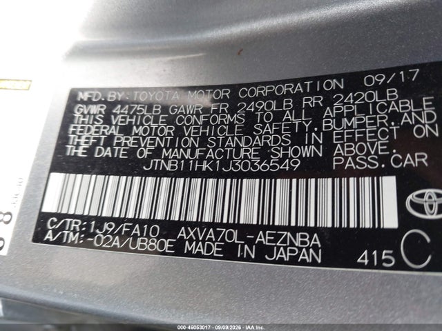 2018 Toyota Camry Le მანქანა იყიდება აუქციონზე, vin: JTNB11HK1J3036549, აუქციონის ნომერი: 46053017