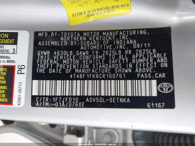 Aukcja sprzedaży 2012 Toyota Camry Le, vin: 4T4BF1FK6CR160761, numer aukcji: 46053024
