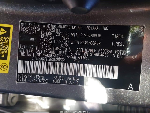 Toyota Highlander Le 2016 5TDZARFH3GS020661 Image 9