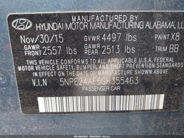 Aukcja sprzedaży 2016 Hyundai Sonata Se, vin: 5NPE24AF5GH355463, numer aukcji: 46053062