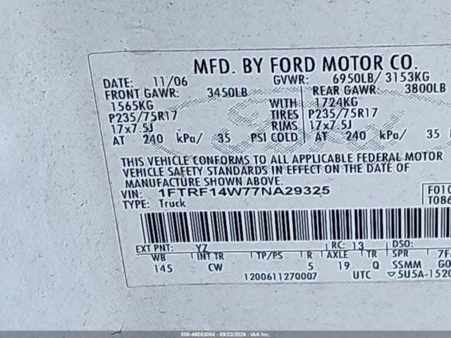 46053084 :رقم المزاد ، 1FTRF14W77NA29325 vin ، 2007 Ford F150 مزاد بيع