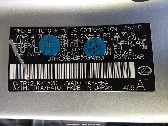 Aukcja sprzedaży 2015 Lexus Ct 200h, vin: JTHKD5BH4F2245330, numer aukcji: 46053100