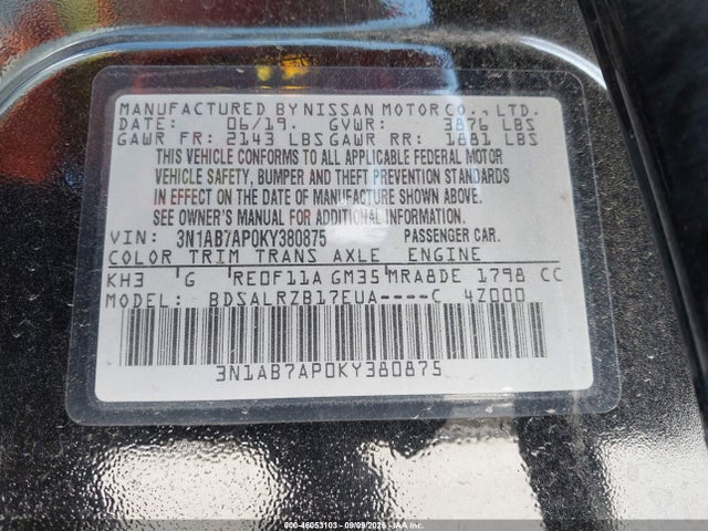 Aukcja sprzedaży 2019 Nissan Sentra Sr, vin: 3N1AB7AP0KY380875, numer aukcji: 46053103