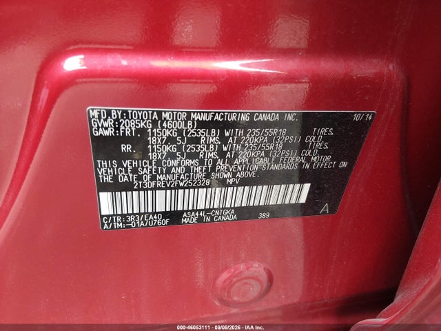 2015 Toyota Rav4 Limited მანქანა იყიდება აუქციონზე, vin: 2T3DFREV2FW252328, აუქციონის ნომერი: 46053111