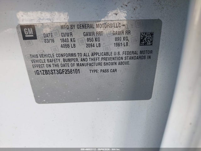 46053112 :رقم المزاد ، 1G1ZB5ST3GF258101 vin ، 2016 Chevrolet Malibu Ls مزاد بيع