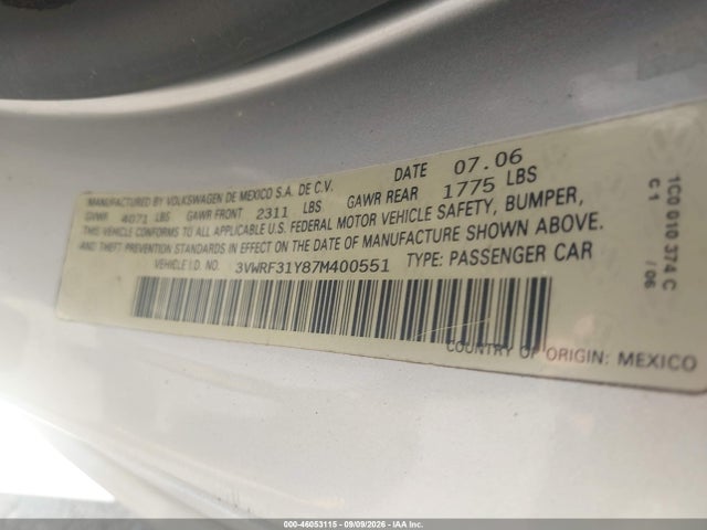 46053115 :رقم المزاد ، 3VWRF31Y87M400551 vin ، 2007 Volkswagen New Beetle 2.5 مزاد بيع