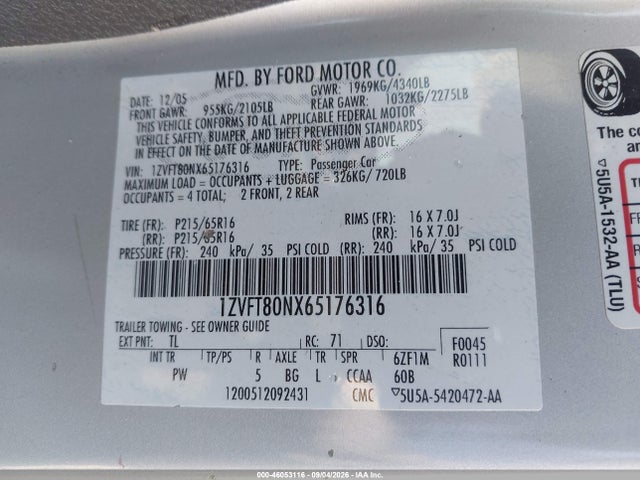 2006 Ford Mustang V6 მანქანა იყიდება აუქციონზე, vin: 1ZVFT80NX65176316, აუქციონის ნომერი: 46053116