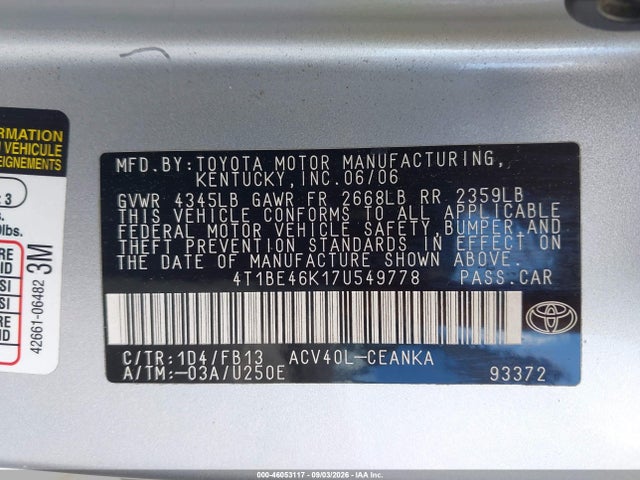 2007 Toyota Camry Ce მანქანა იყიდება აუქციონზე, vin: 4T1BE46K17U549778, აუქციონის ნომერი: 46053117