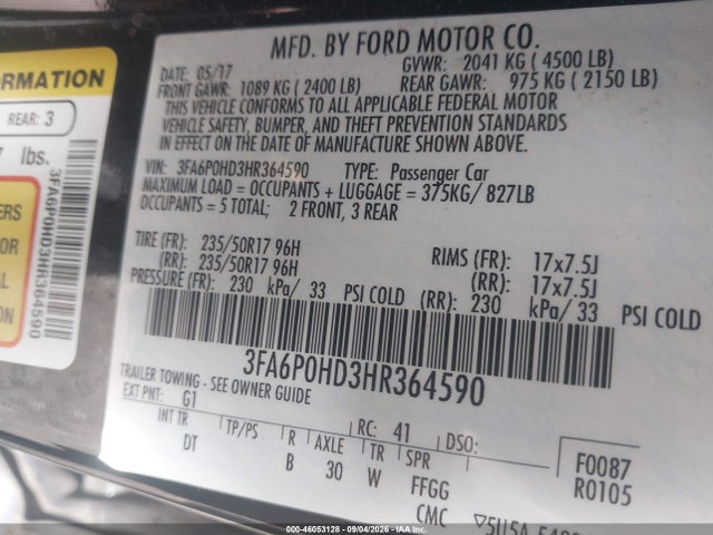 Продажа на аукционе авто 2017 Ford Fusion Se, vin: 3FA6P0HD3HR364590, номер лота: 46053128